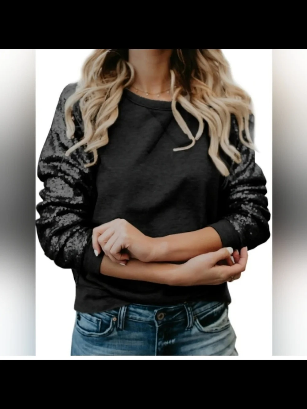 Black Sequin-Sleeve Sweatshirt Size Medium LIKE NEW - Picture 1 of 2